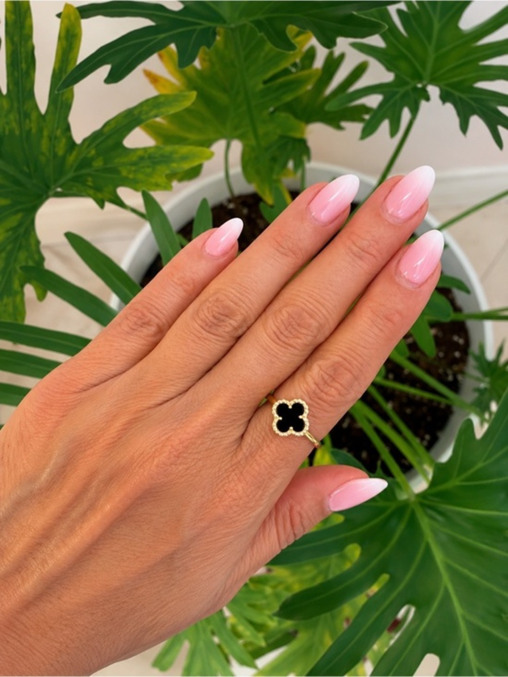 New Gold plated over Sterling Silver Clover Ring with Black Enamel Center
